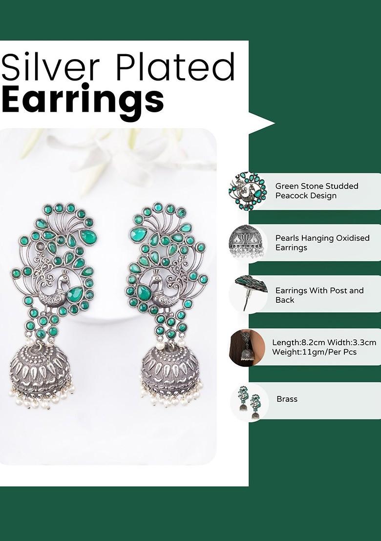 Silver Artificial Stones And Beads Silver Plated  Earrings