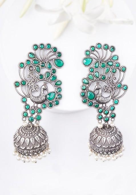 Silver Artificial Stones And Beads Silver Plated  Earrings