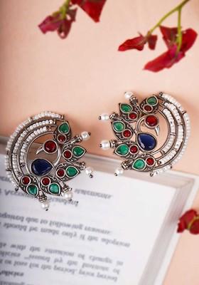 Silver Artificial Stones And Beads Silver Plated  Earrings