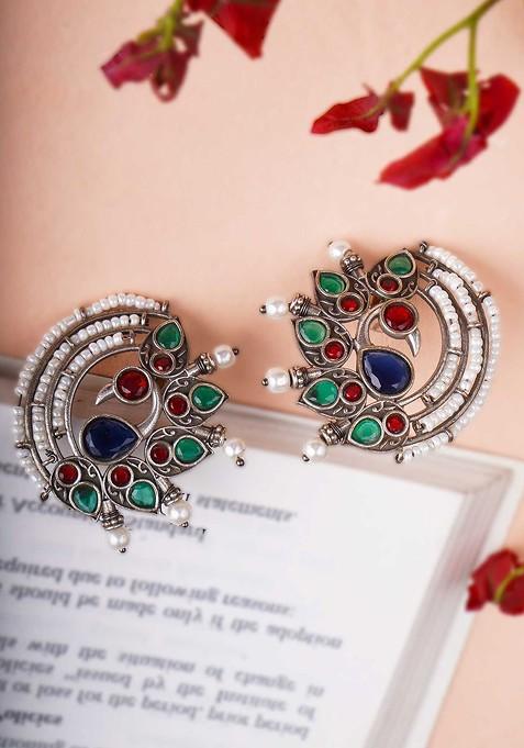 Silver Artificial Stones And Beads Silver Plated  Earrings