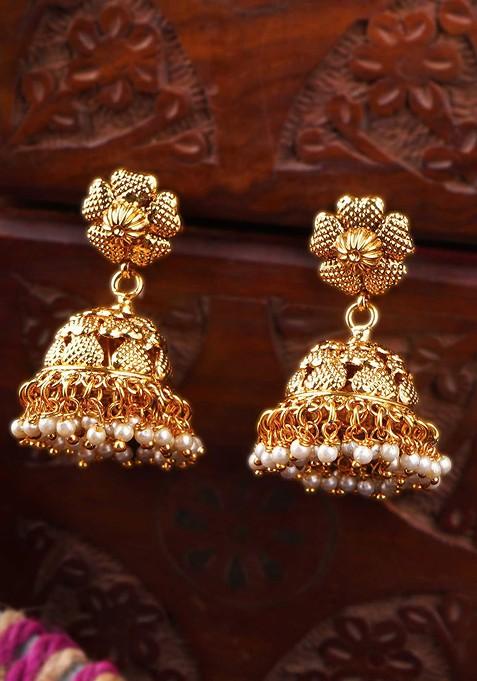 Gold Artificial Stones And Beads Gold Plated Earrings