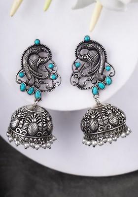 Silver Artificial Stones And Beads Silver Plated  Earrings