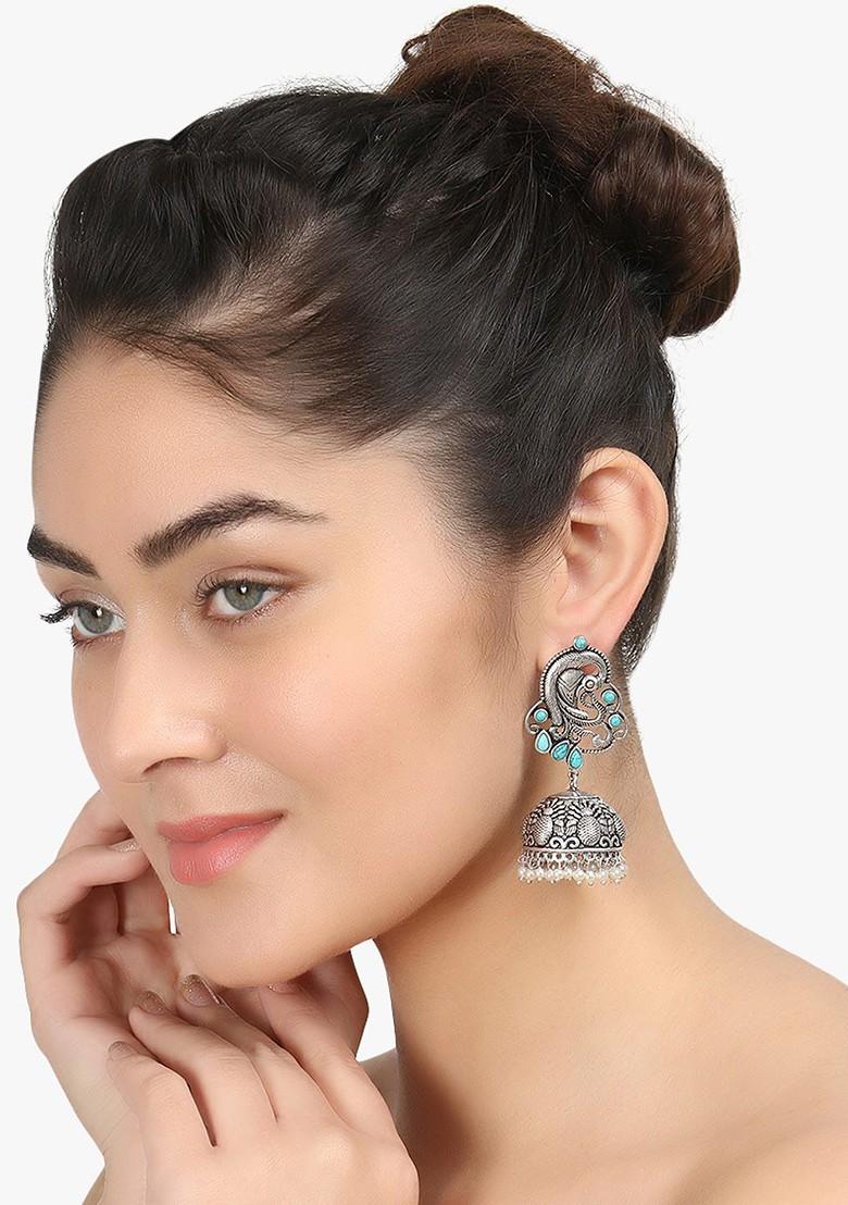 Silver Artificial Stones And Beads Silver Plated  Earrings