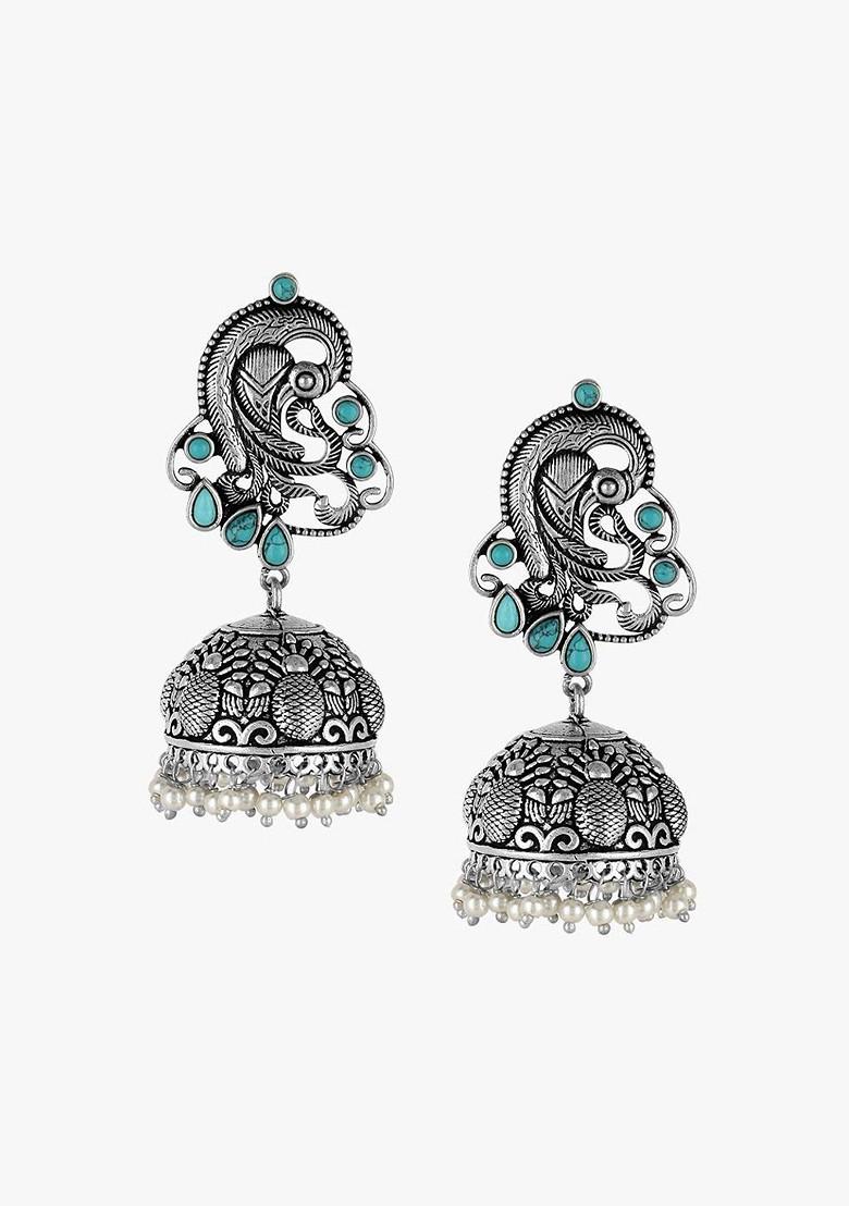 Silver Artificial Stones And Beads Silver Plated  Earrings