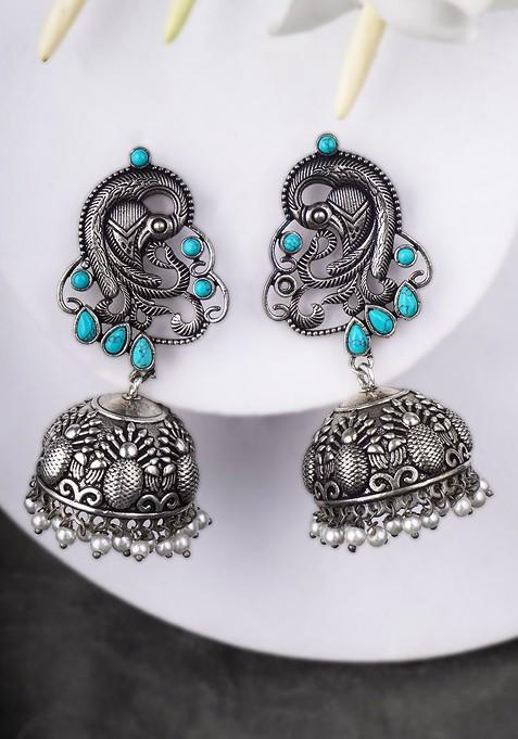 Silver Artificial Stones And Beads Silver Plated  Earrings