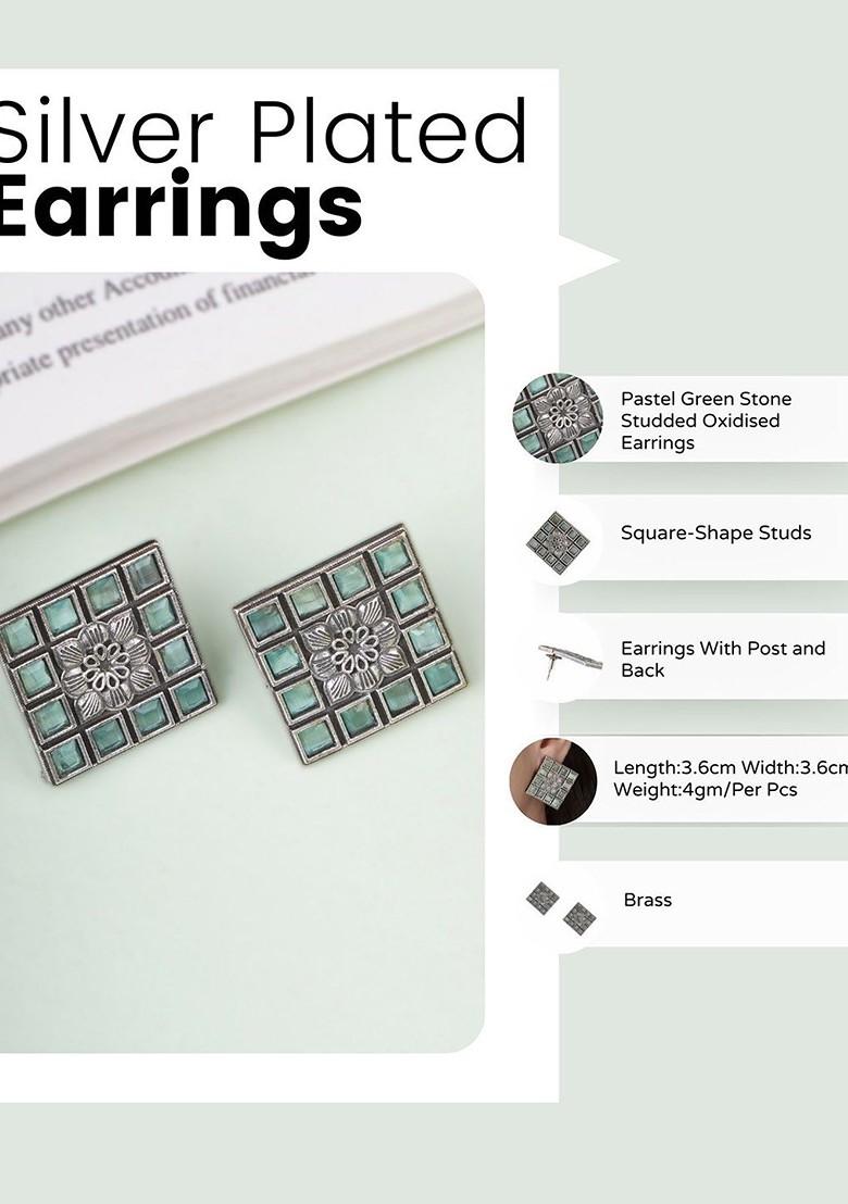 Silver Artificial Stones And Beads Silver Plated  Earrings