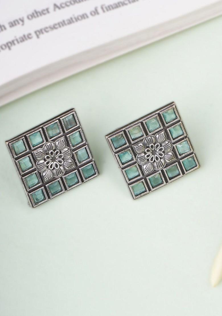 Silver Artificial Stones And Beads Silver Plated  Earrings