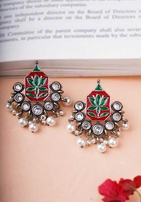 Silver Artificial Stones And Beads Silver Plated  Earrings