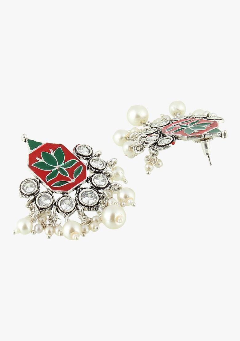 Silver Artificial Stones And Beads Silver Plated  Earrings