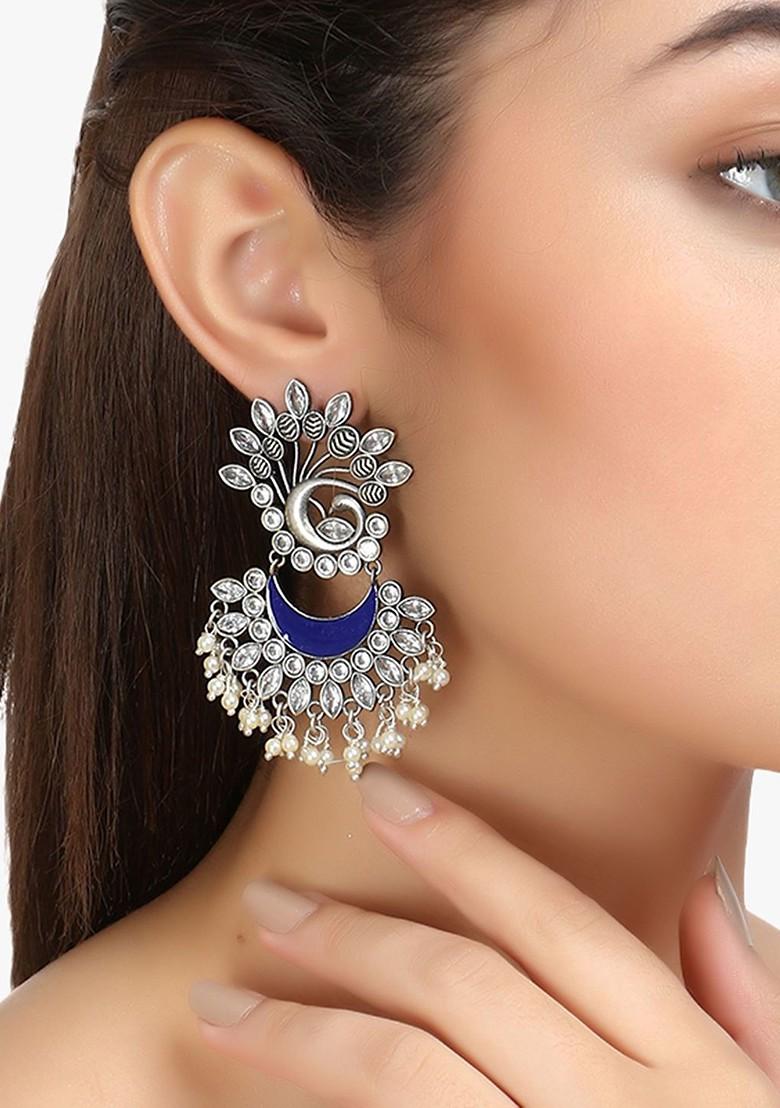 Silver Artificial Stones And Beads Silver Plated  Earrings