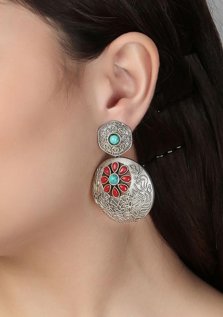 Silver  Stones Studded  Silver Plated  Earrings