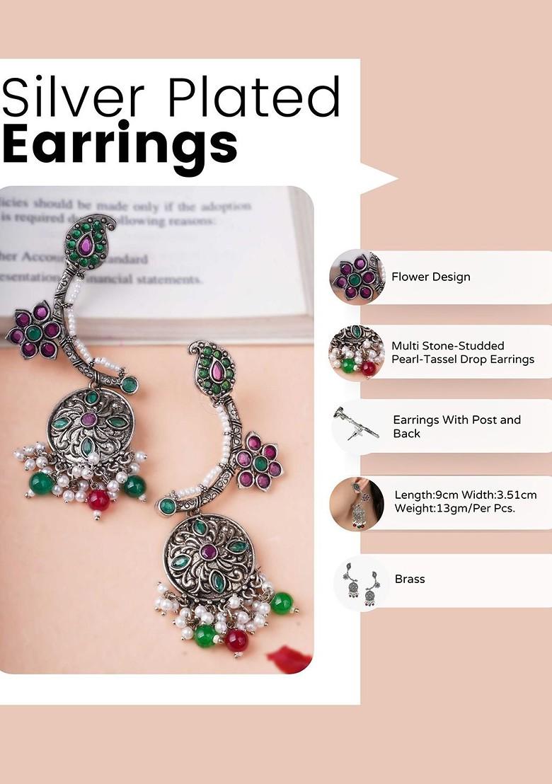 Silver Artificial Stones And Beads Silver Plated  Earrings