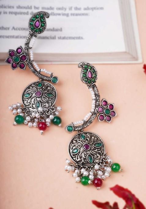 Silver Artificial Stones And Beads Silver Plated  Earrings