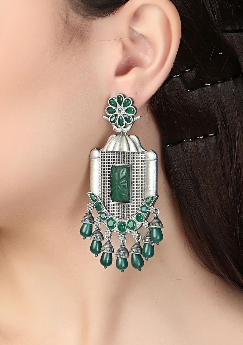 Silver Artificial Stones And Beads Silver Plated  Earrings