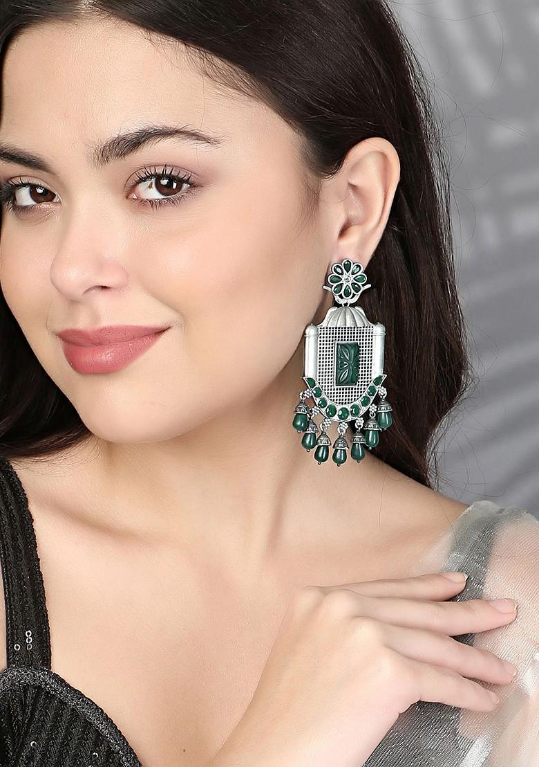 Silver Artificial Stones And Beads Silver Plated  Earrings