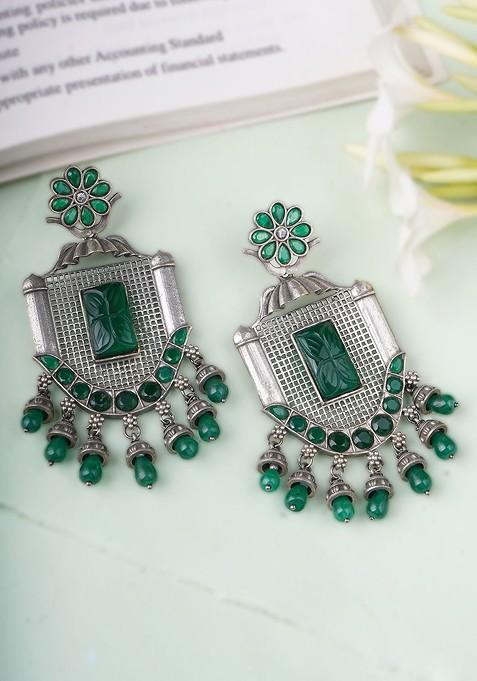 Silver Artificial Stones And Beads Silver Plated  Earrings