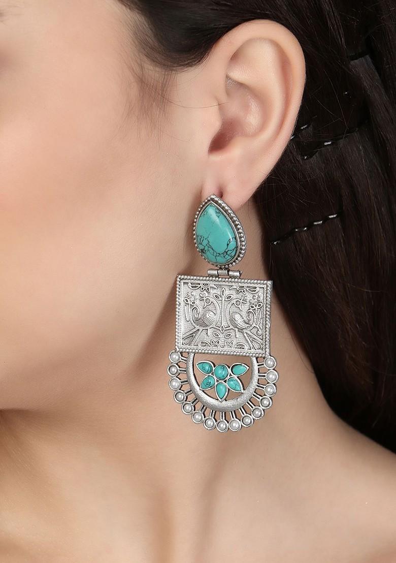 Silver Artificial Stones And Beads Silver Plated  Earrings