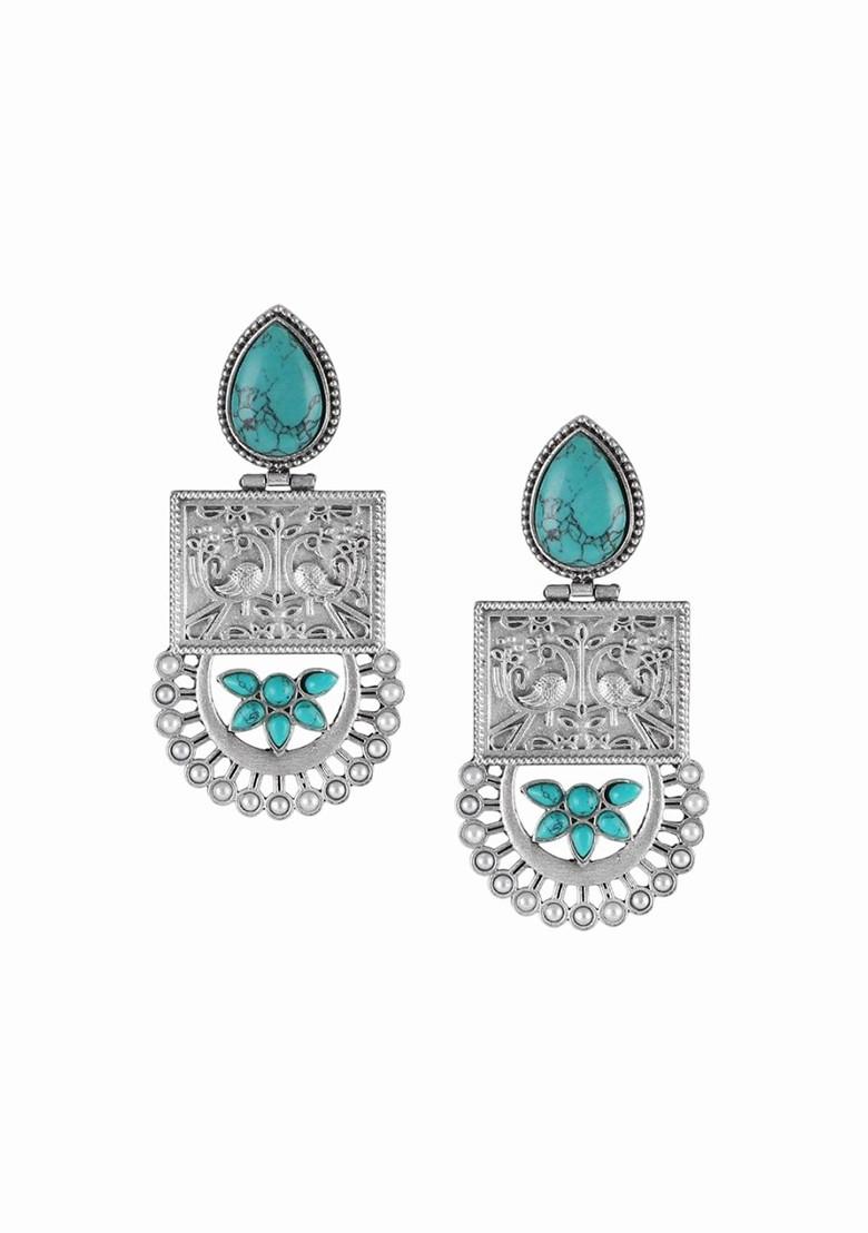 Silver Artificial Stones And Beads Silver Plated  Earrings