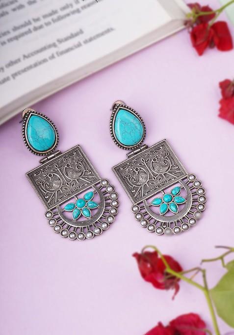 Silver Artificial Stones And Beads Silver Plated  Earrings