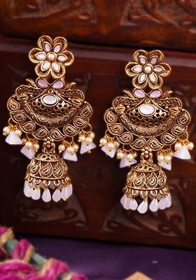 Silver Artificial Stones And Beads Gold Plated Earrings