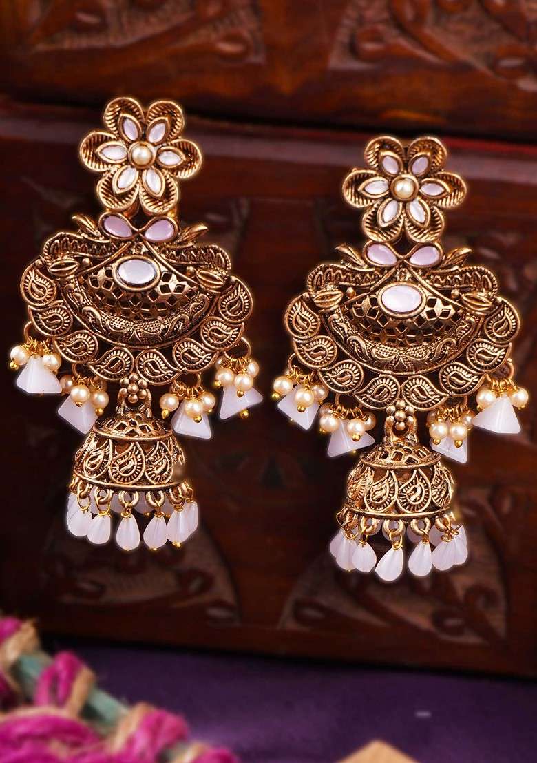 Silver Artificial Stones And Beads Gold Plated Earrings - Indya