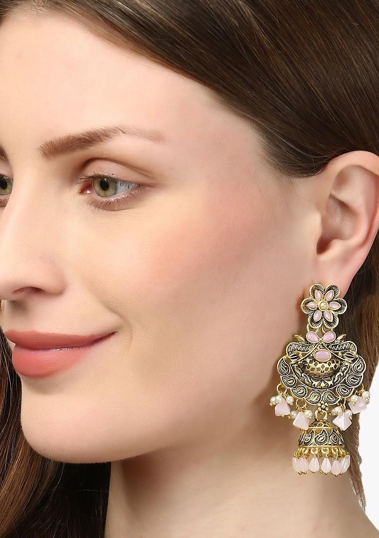 Silver Artificial Stones And Beads Gold Plated Earrings