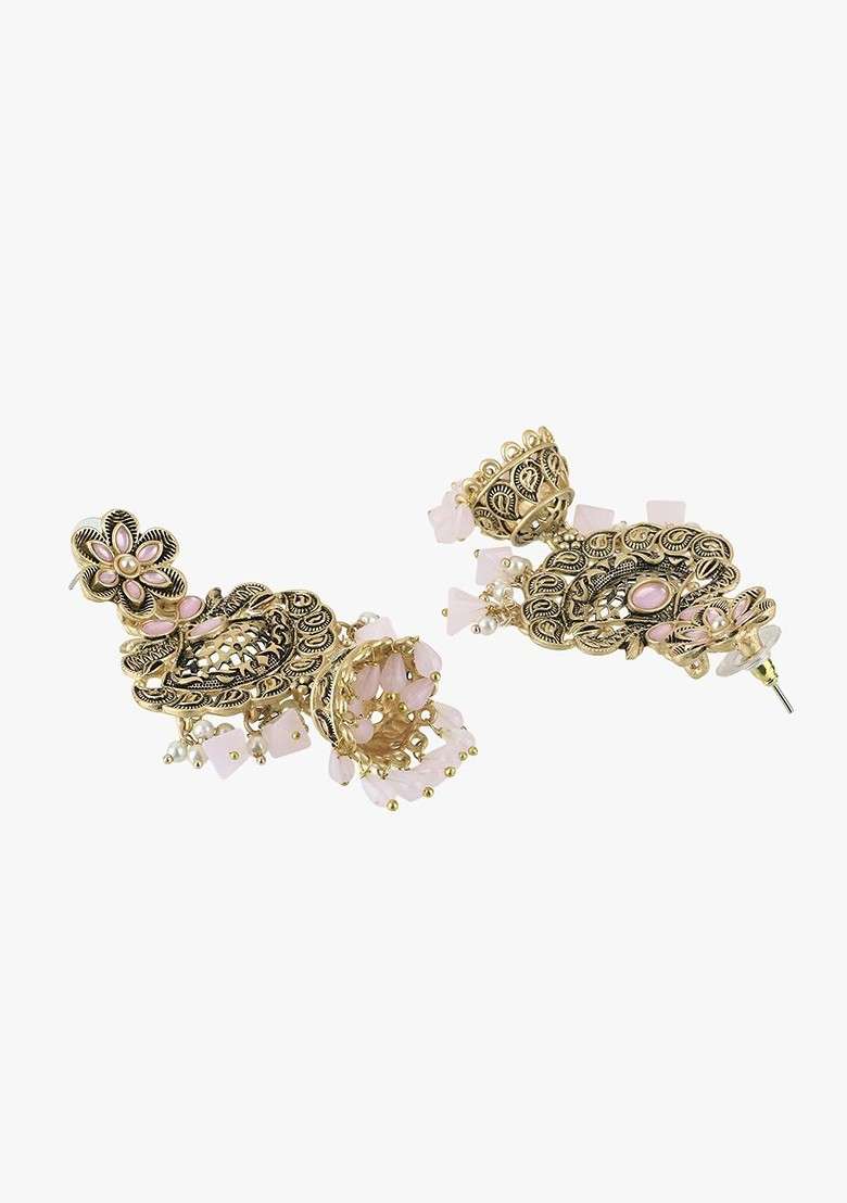 Silver Artificial Stones And Beads Gold Plated Earrings - Indya