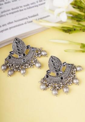 Silver Stone Studded And Beaded Silver Plated  Earrings