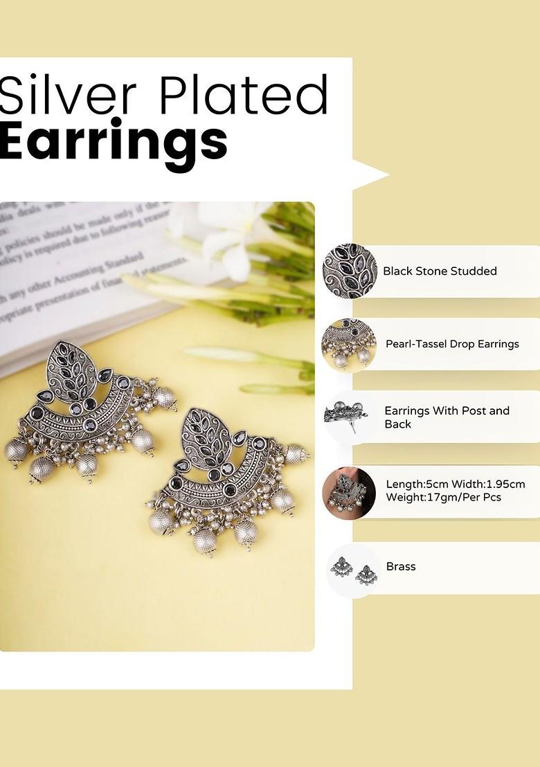 Silver Stone Studded And Beaded Silver Plated  Earrings