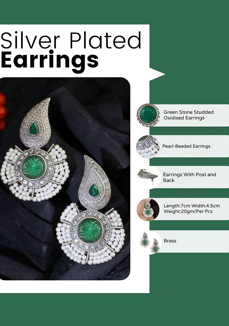 Silver  Stones Studded  Silver Plated  Earrings