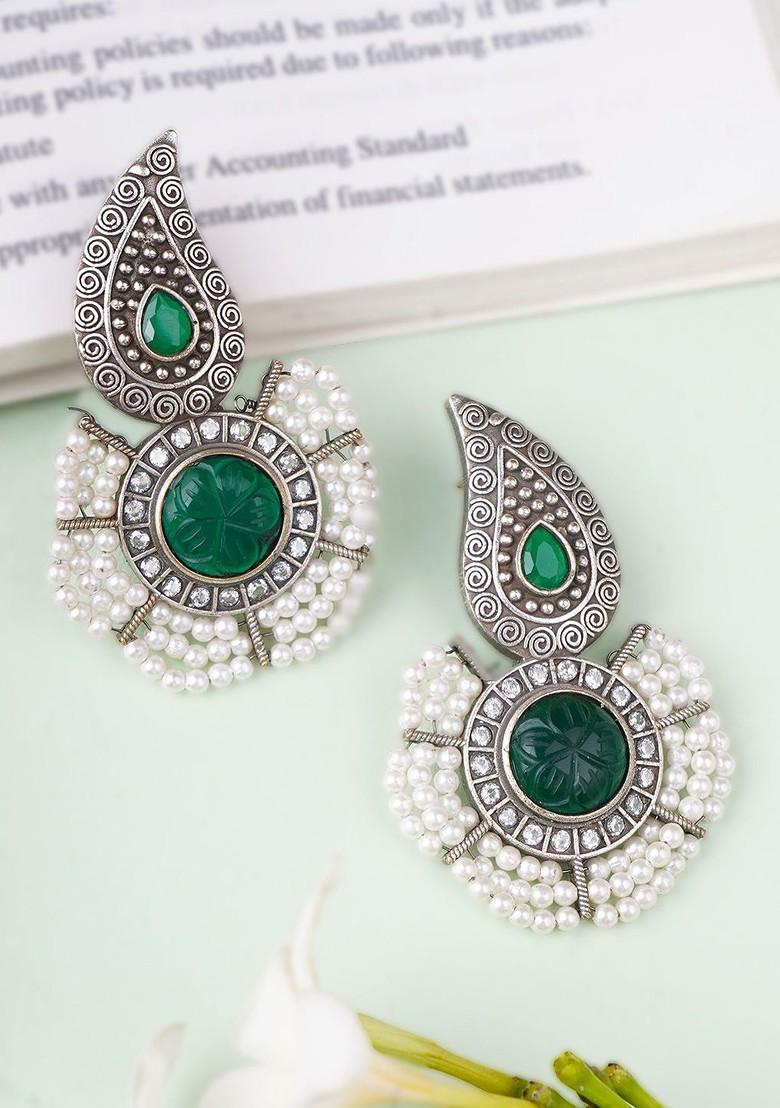 Silver  Stones Studded  Silver Plated  Earrings