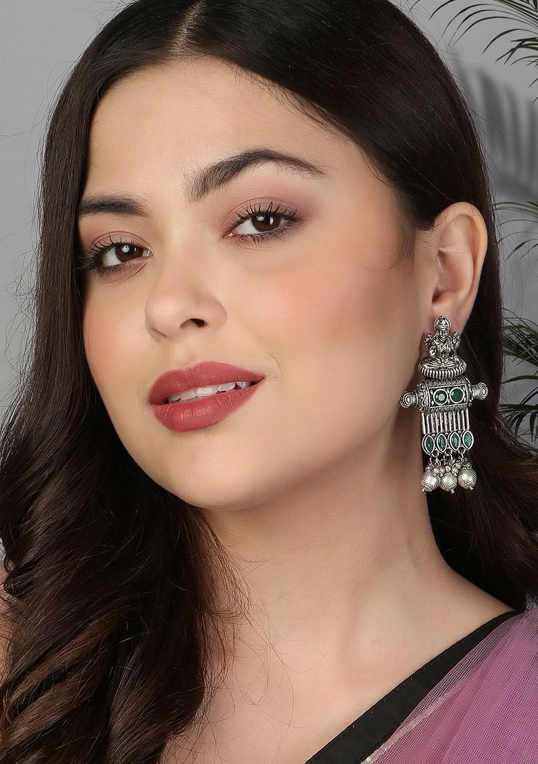Silver  Stones Studded  Silver Plated  Earrings