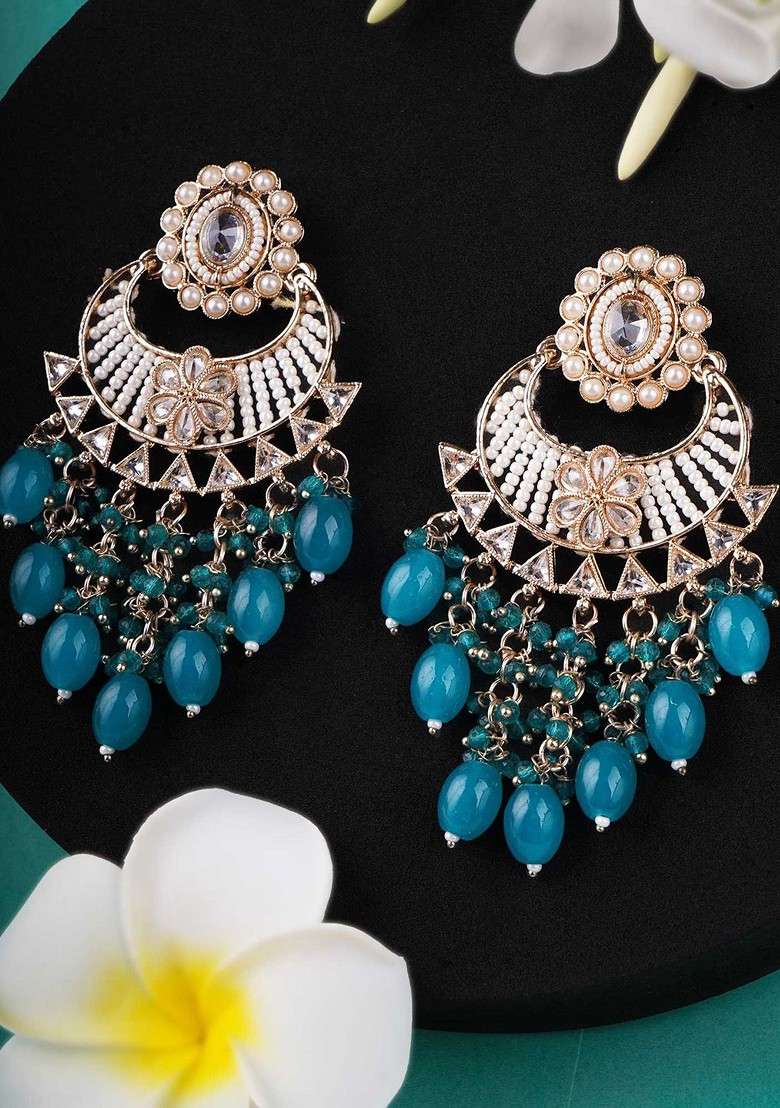 Gold Stone Studed And Beaded Gold Plated Earrings - Indya