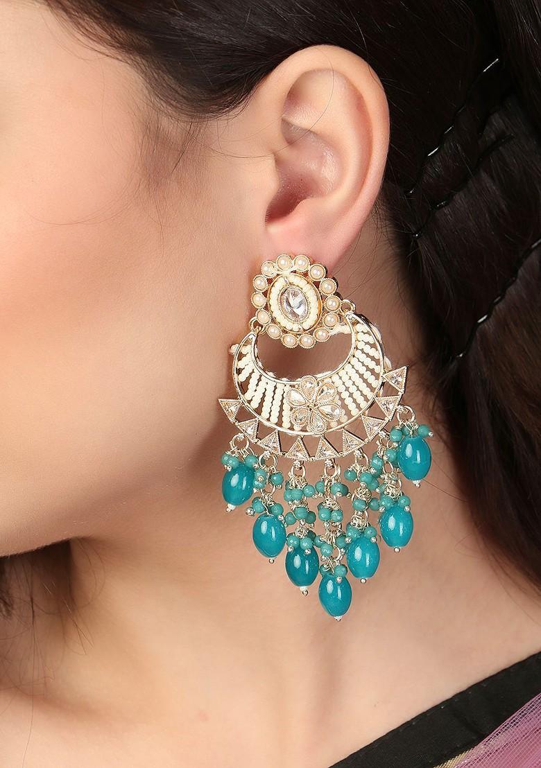 Gold Stone Studed And Beaded Gold Plated Earrings