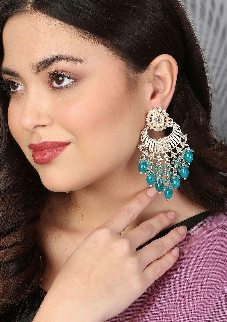 Gold Stone Studed And Beaded Gold Plated Earrings - Indya
