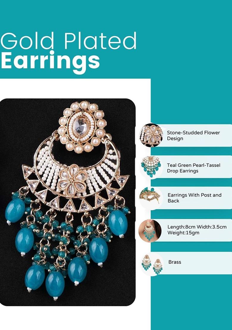 Gold Stone Studed And Beaded Gold Plated Earrings