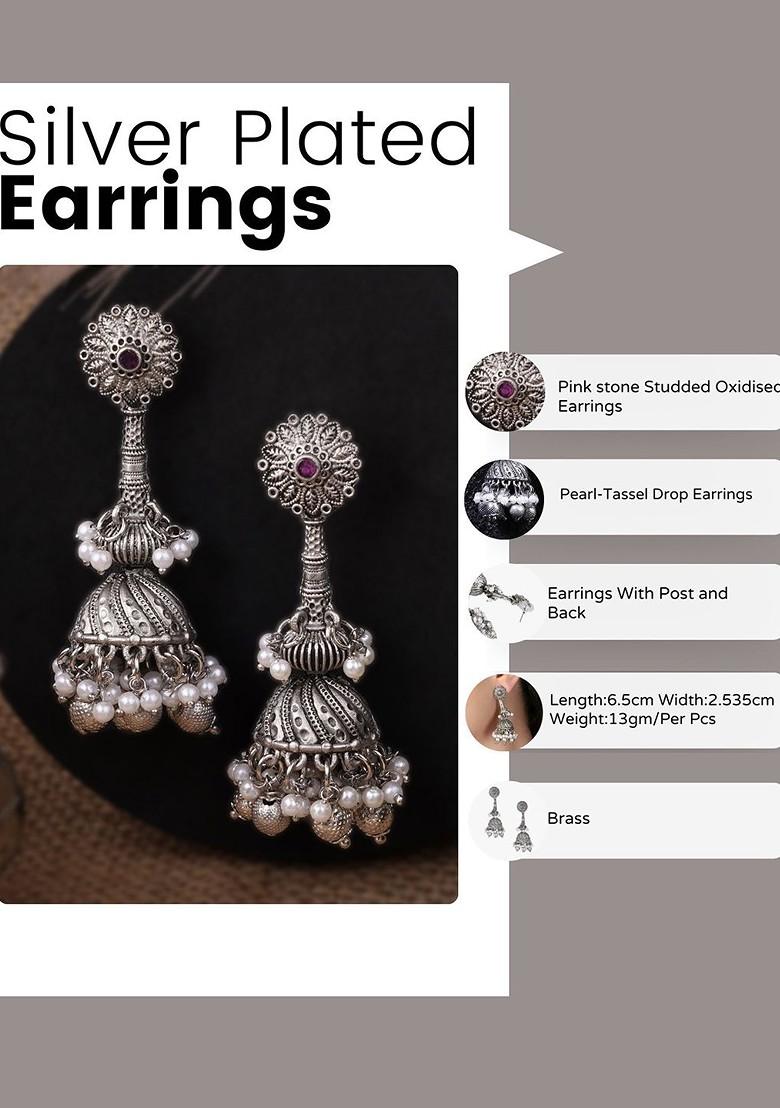 Silver  Stones Studded  Silver Plated  Earrings