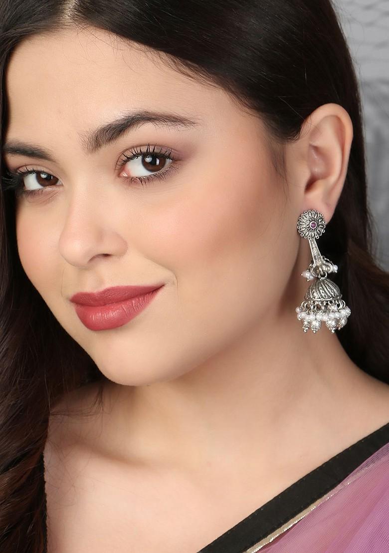 Silver  Stones Studded  Silver Plated  Earrings