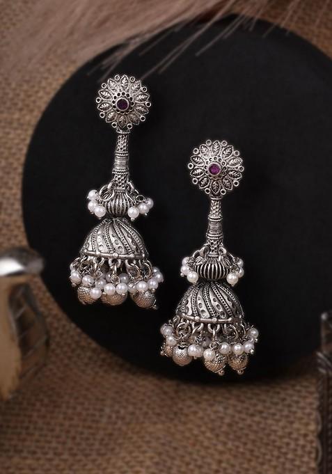 Silver  Stones Studded  Silver Plated  Earrings