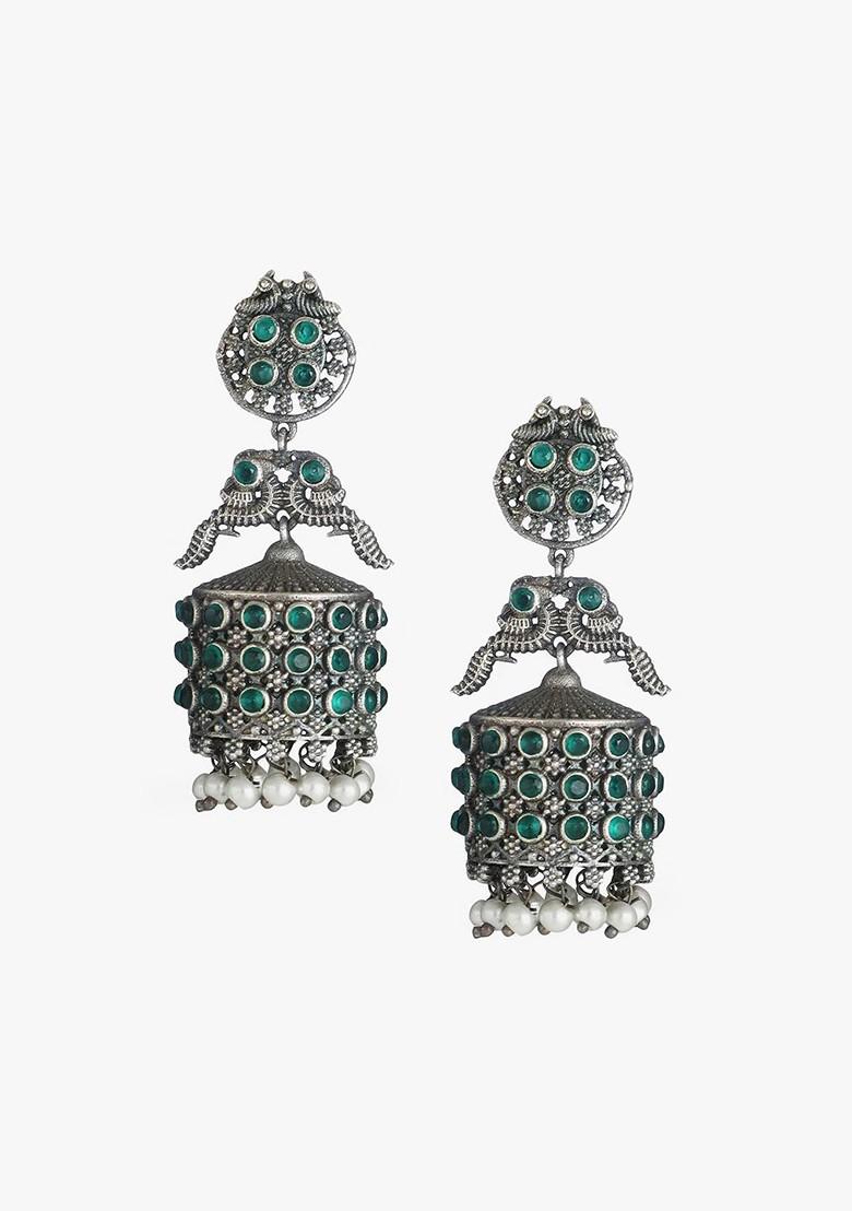 Silver  Stones Studded  Silver Plated  Earrings