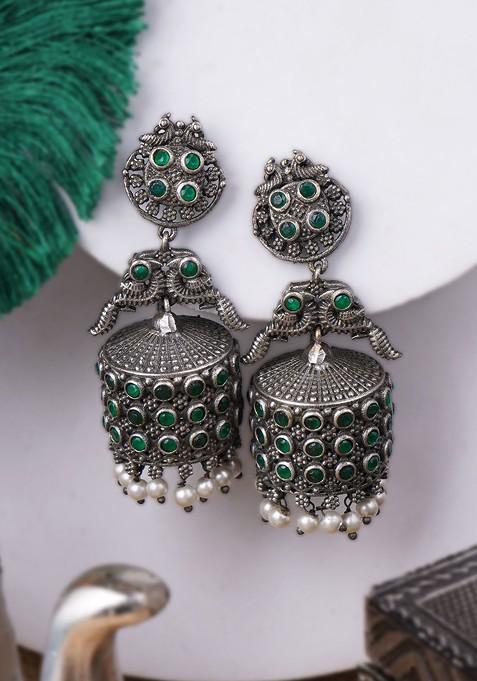 Silver  Stones Studded  Silver Plated  Earrings