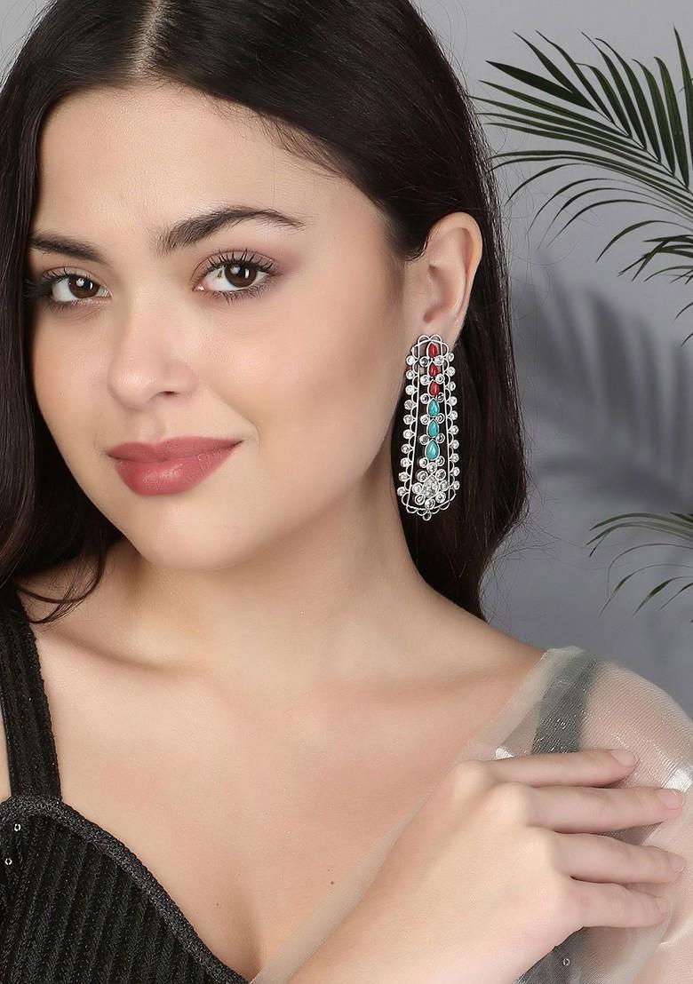 Silver  Stones Studded  Silver Plated  Earrings