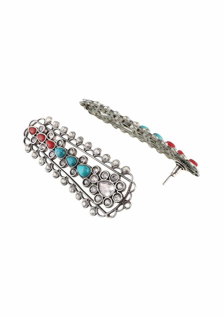 Silver  Stones Studded  Silver Plated  Earrings