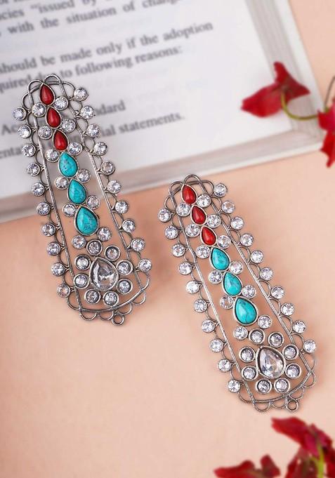 Silver  Stones Studded  Silver Plated  Earrings