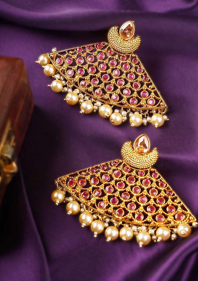 Gold Stone Studded And Beaded Gold Plated Earrings