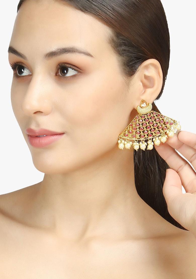 Gold Stone Studded And Beaded Gold Plated Earrings
