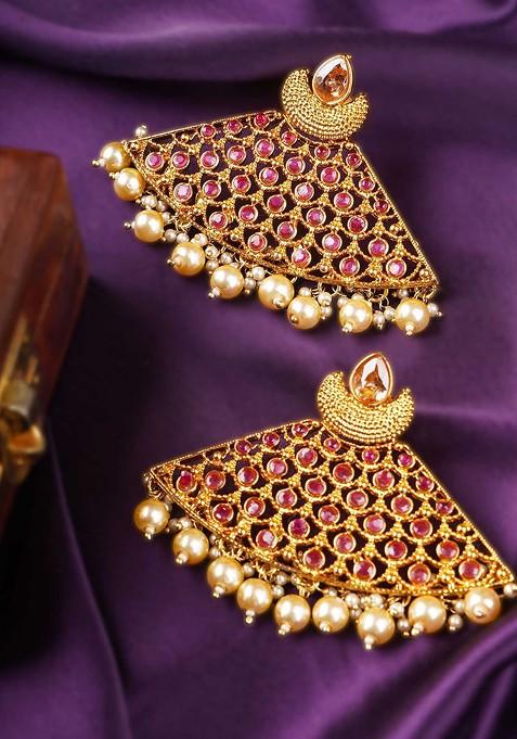 Gold Stone Studded And Beaded Gold Plated Earrings