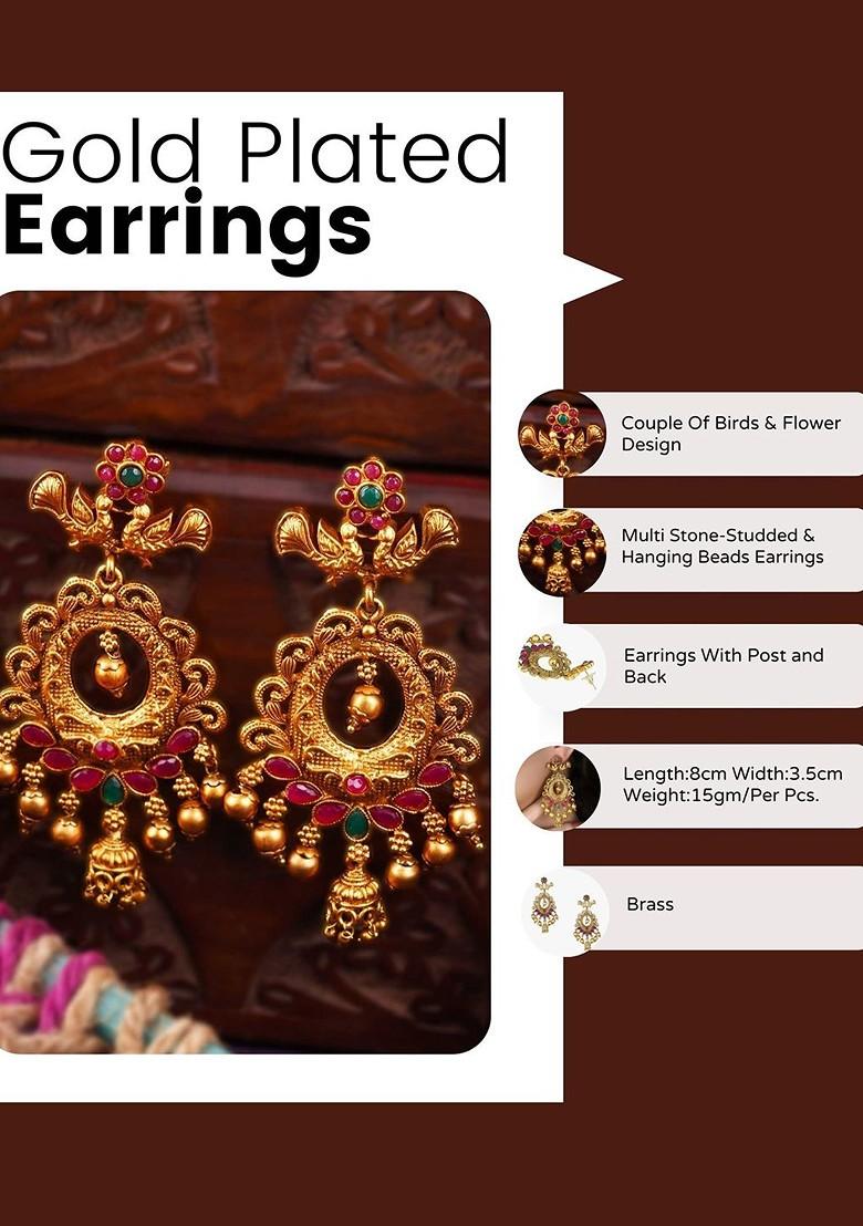 Gold Artificial Stones And Beads Gold Plated Earrings