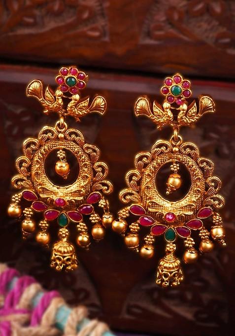Gold Artificial Stones And Beads Gold Plated Earrings