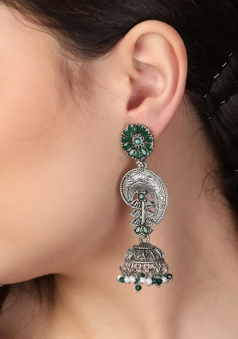 Silver  Stones Studded  Silver Plated  Earrings